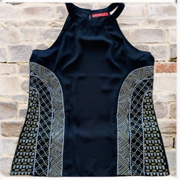 Lulumari Black Silky Halter Top Metallic Thread Embroidered Accent Panels Sz S - Picture 1 of 16